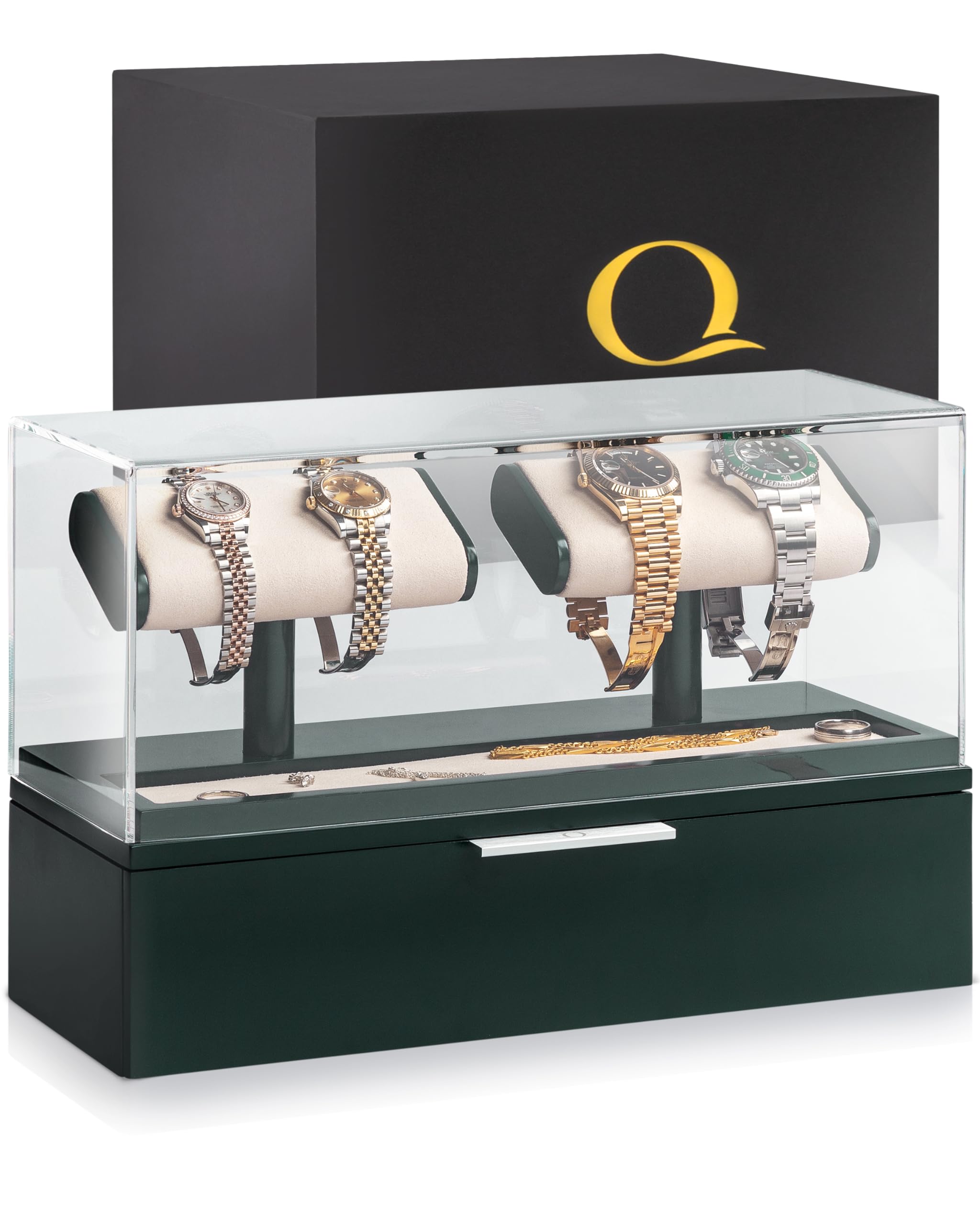 Photo 1 of QWATCH Watch Stand Display Case - Acrylic Watch Box for 2 or 4 Watches with Jewelry Valet Tray and Drawer