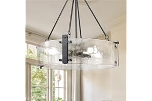 IKK Dining Room Chandelier Black, Modern Textured Glass Chandelier, Elegant Drum Farmhouse Crystal Light Fixture, Round Lighting for Living Room, Foyer Kitchen Island Bedroom Bathroom D=21