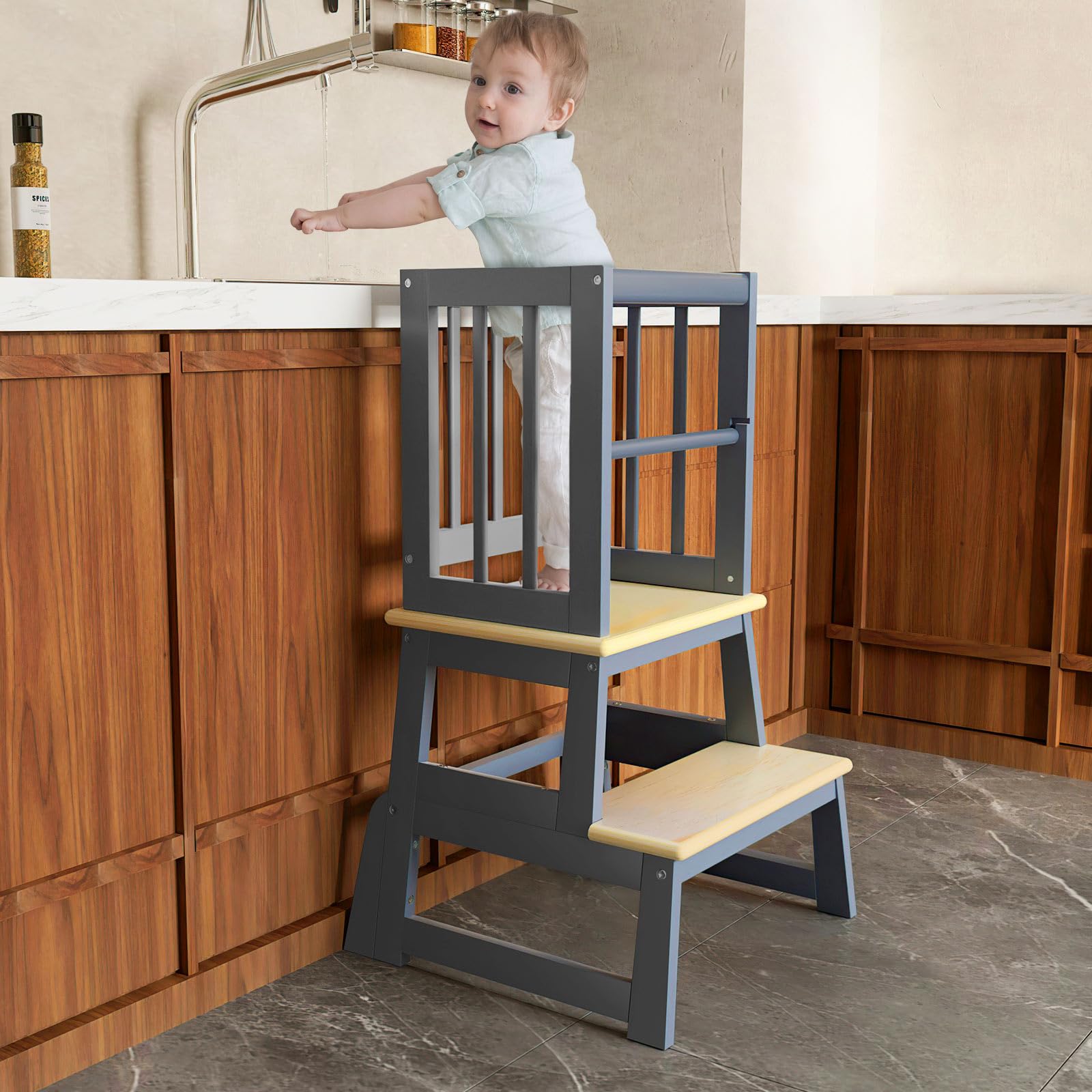 Photo 1 of Kids Kitchen Step Stool, Toddler Montessori Learning Standing Tower, Ideal Toddler Stool Helper for Bathroom Sink or Kitchen Counter - 2025 Design with 3 Exclusive Upgrades - Gray
