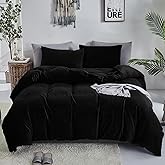 KAREVER Black Velvet Comforter Set - Full Flannel Bedding Comforter Set with 3 PCs Warm Soft Solid Black Winter Blanket