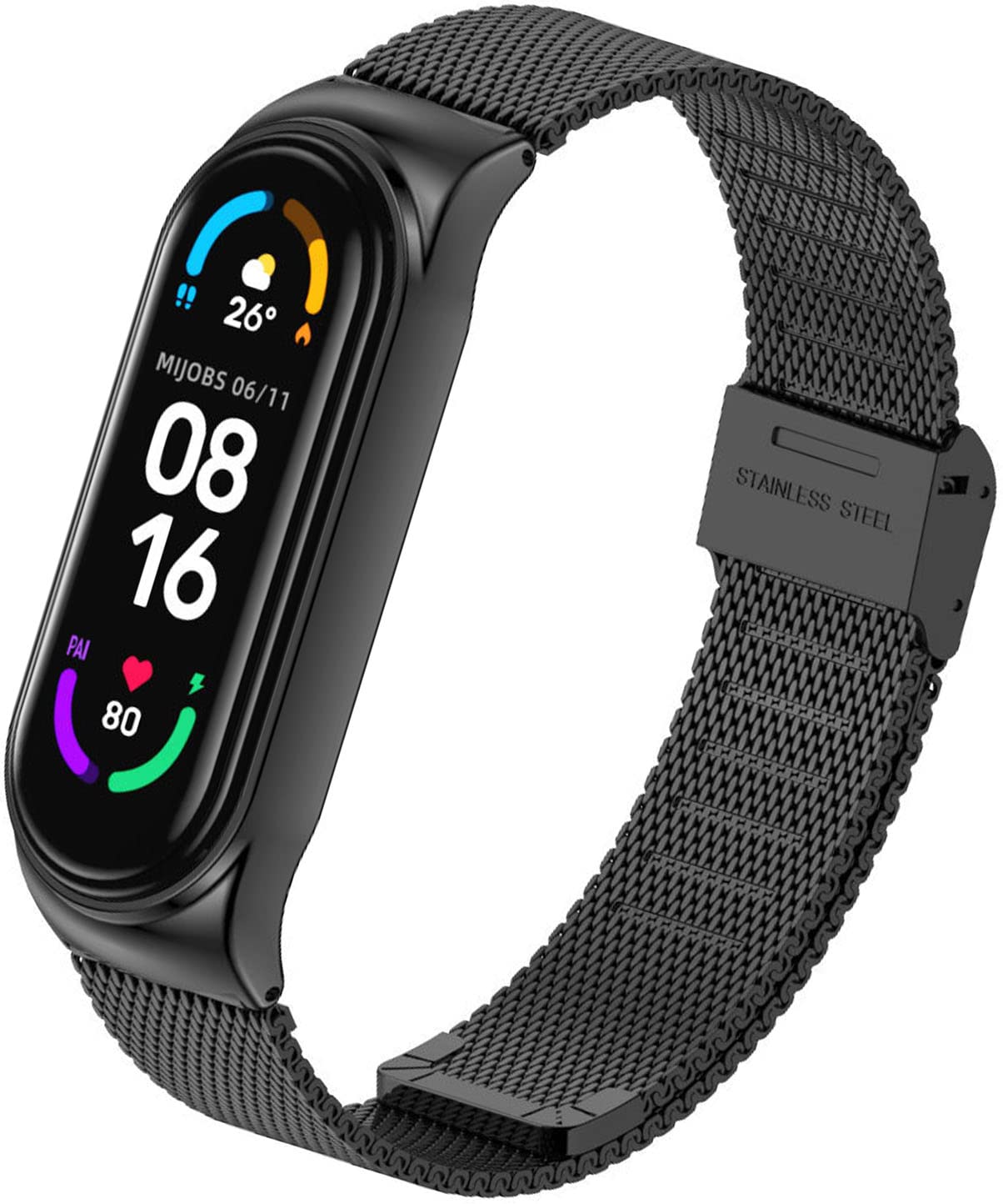 Ainiv Watchband Compatible with Xiaomi Mi Band 3 4 5 6, 1 PCS Xiaomi WatchBand, Vintage Stainless Steel Watch Strap with Magnet, Adjustable Length Woven Stretchy Replacement Straps, Black