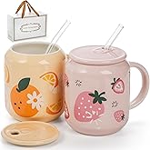 Noamus 2 Pack Cute Ceramic Mugs with Lid and Straw, 13 Oz Fruits Pattern Coffee Cup with Handle, Handmade Strawberry Orange Tea Cup for Office Home, Hot Ice Water Chocolate Milk, Women Gift
