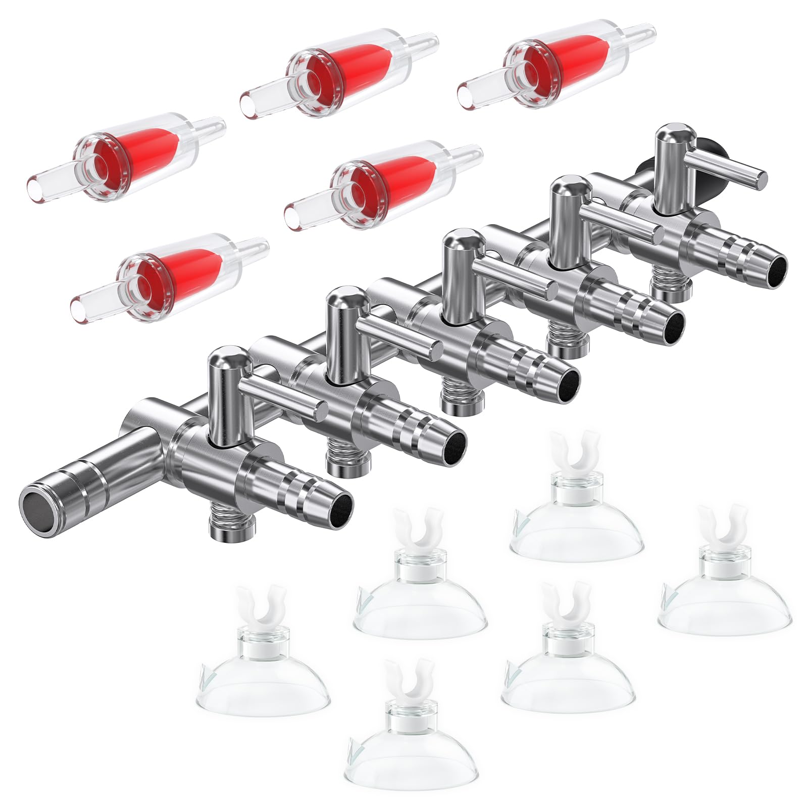 Pawfly 5-Way Aquarium Air Flow Control Lever Valve Manifold for Air Pumps Fish Tank Multi-port Distributor Splitter with 5 Non-return Check Valves and 6 Suction Cup Clips