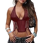 Benfoly Women's Y2K Leather Halter Corset Tops Backless Shapewear Top Slit Grommet Eyelet Lace Up Party Tank Club Outfits