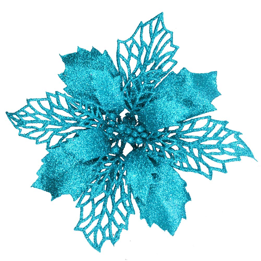 Photo 1 of 24 Pcs Christmas Teal Blue Glittered Mesh Holly Leaf Artificial Poinsettia Flowers Picks Tree Ornaments 5.9" W for Teal Blue Christmas Tree Wreath Garland Floral Gift Winter Wedding Holiday Decoration