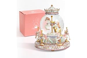 DANVON Gift Wrapped Carousel Horse Unicorn Music Box Snow Globe Color Changing LED Lights for Women Kids Baby Girls Mom Daughter Granddaughter Christmas Birthday Gifts Valentines Day Gift (White)