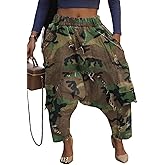 Vakkest Women's Harem Denim Pants Elastic High Waist Raw Trim Hem Patchwork Boyfriend Wide Leg Jeans with Pockets