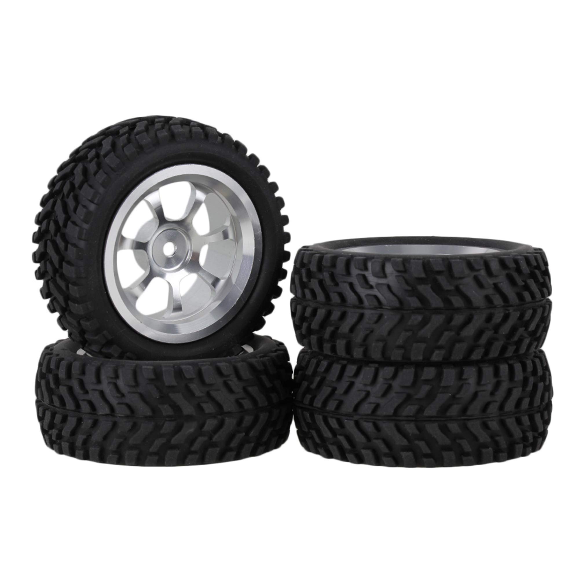 Mxfans Beard Pattern Rubber Tyre & Silver Aluminum Alloy Wheel Rims with 7-Spoke for RC 1:10 On-Road Racing Car Pack of 4