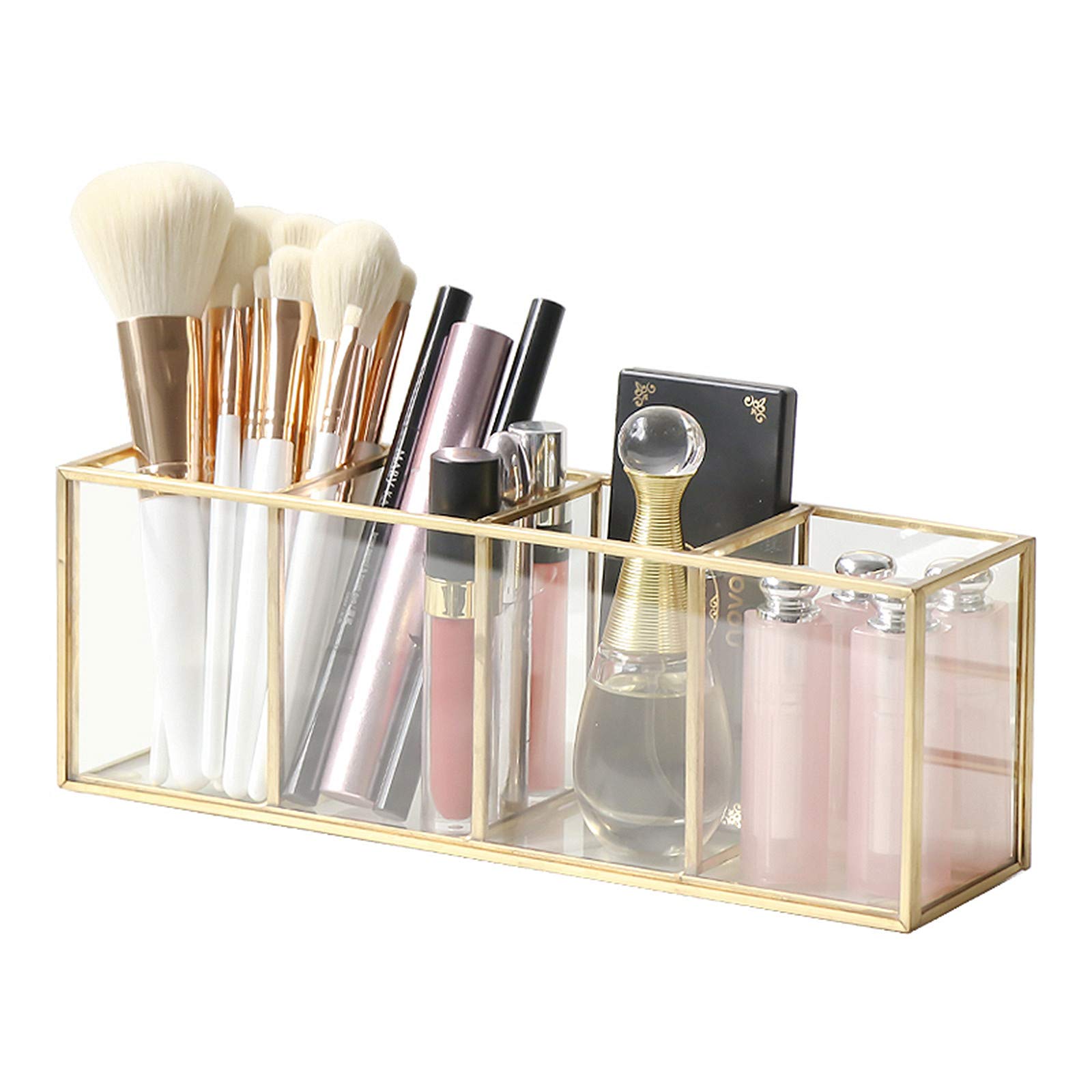 SLHEQING Makeup Brush Holder 4-Compartment Glass and Brass Cosmetic Storage Organizer Makeup Storage for Brushes, Eyeliner, Pen, Lipstick and More — image 1