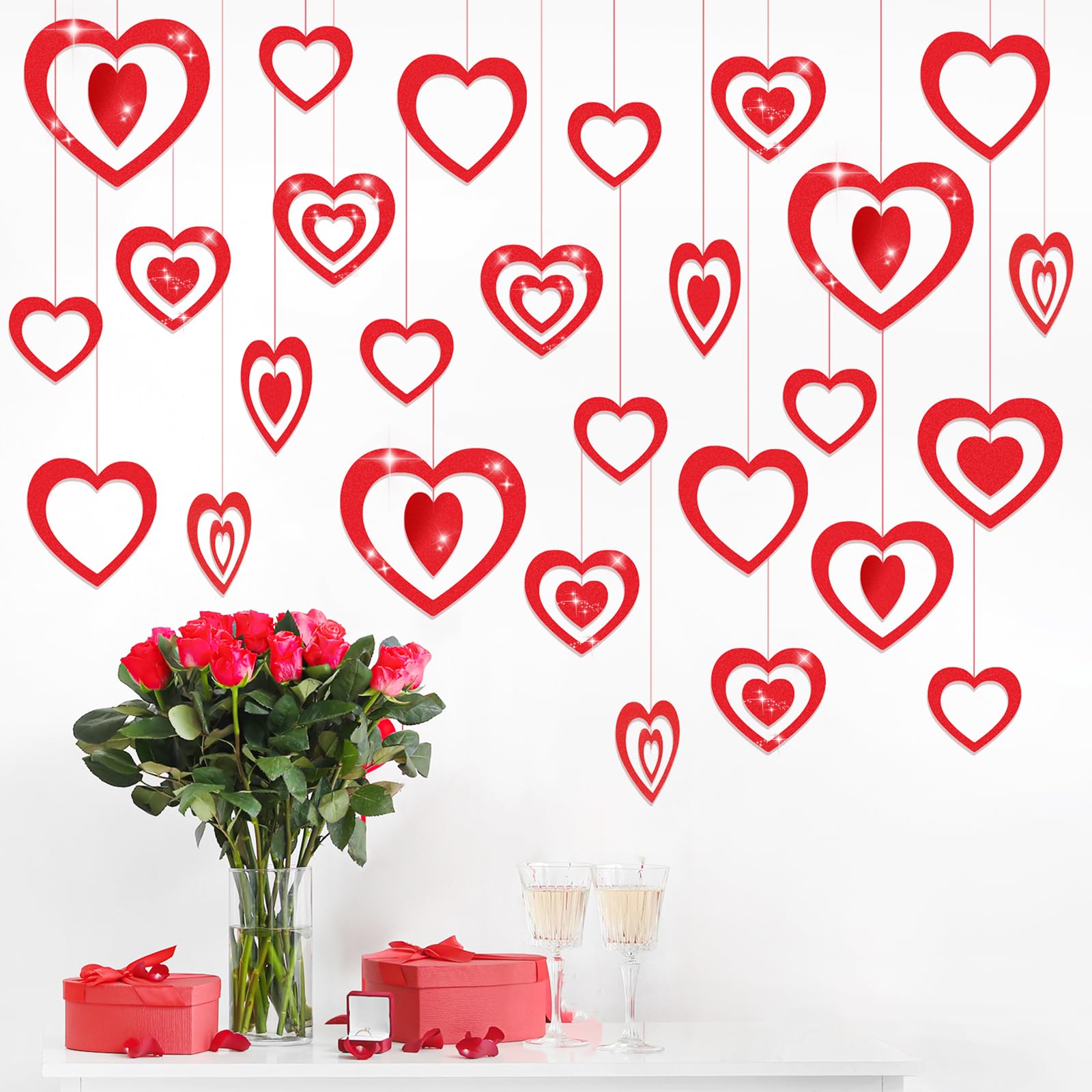 LANMOK 35pcs Heart Hanging Decoration Heart Party Decors Sparkling Red Heart Shaped Ceiling Dangling Decor for Valentine's Day Wedding Anniversary Engagement Bridal Shower