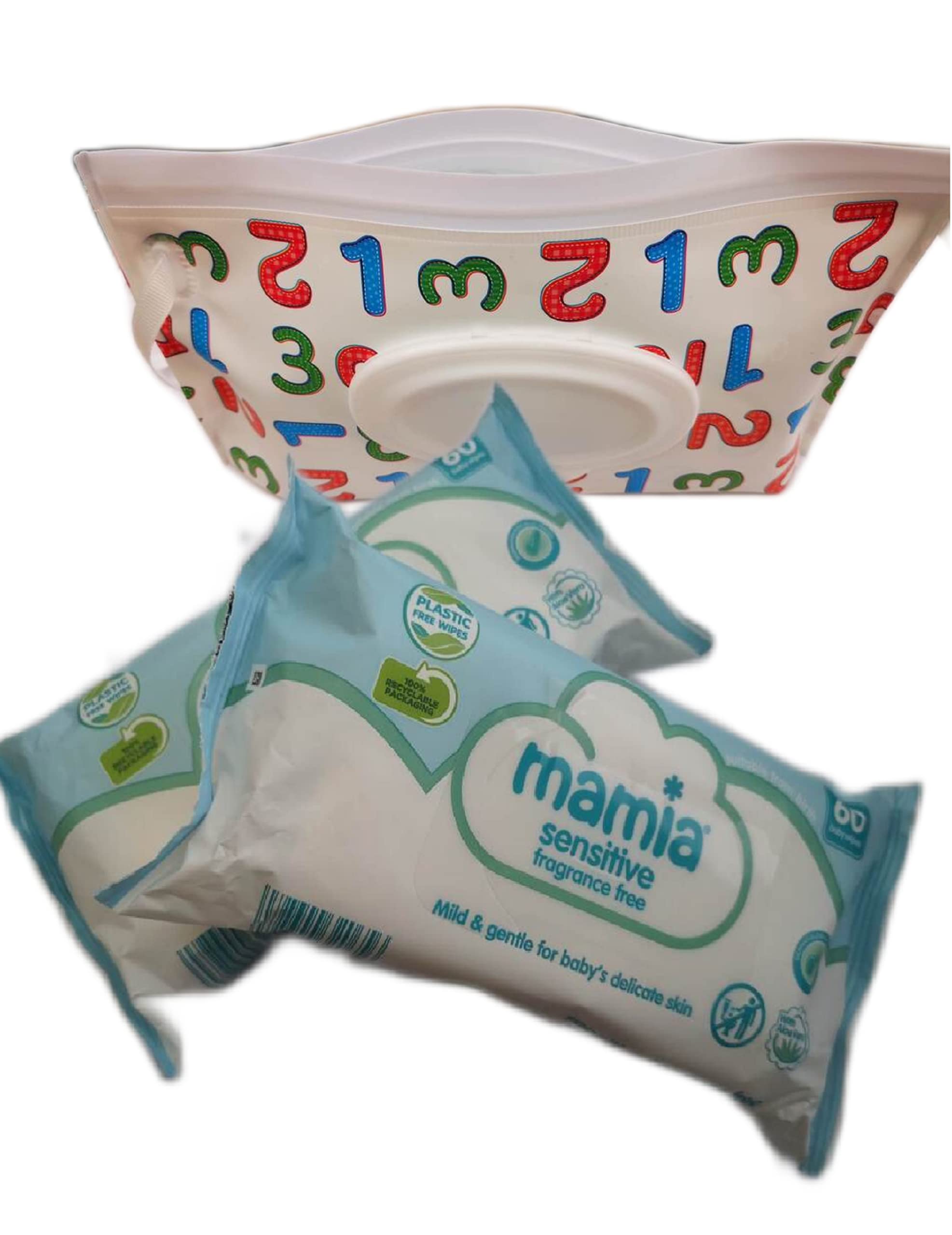 Aldi Mamia Baby Wipes Sensitive Multipack Plastic Free With Reusable Dispenser Pouch Bulk 2 Pack (120 Wet Wipes) Bundle (Multicolour)