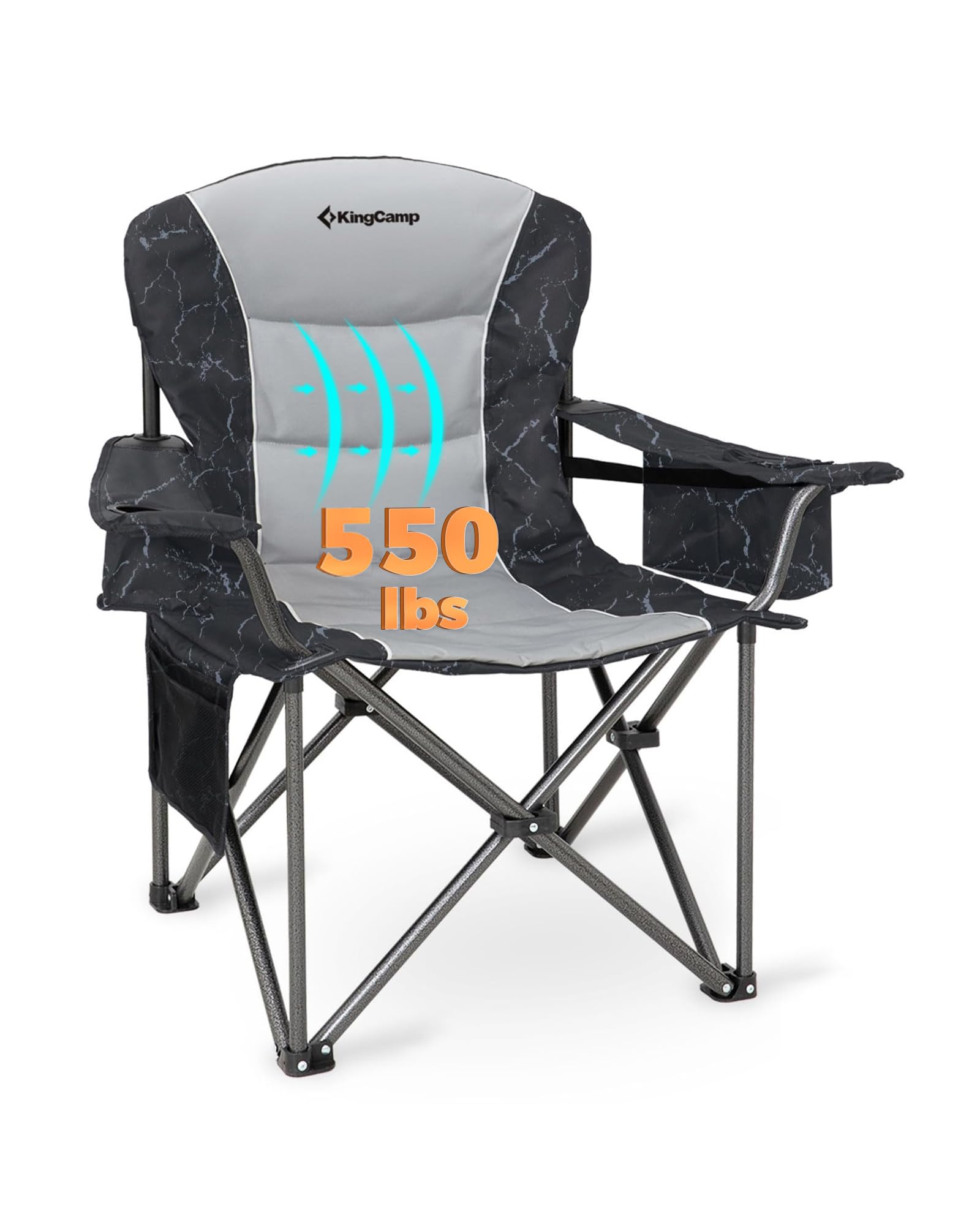 KingCamp Oversized Camping Chair with Adjustable Lumbar Support, 550lbs Heavy Duty Padded Folding Lawn Chair for Adults, Outdoor Armchair with Cooler Bag, Cup Holder & Side Pocket for Fishing, Travel Image