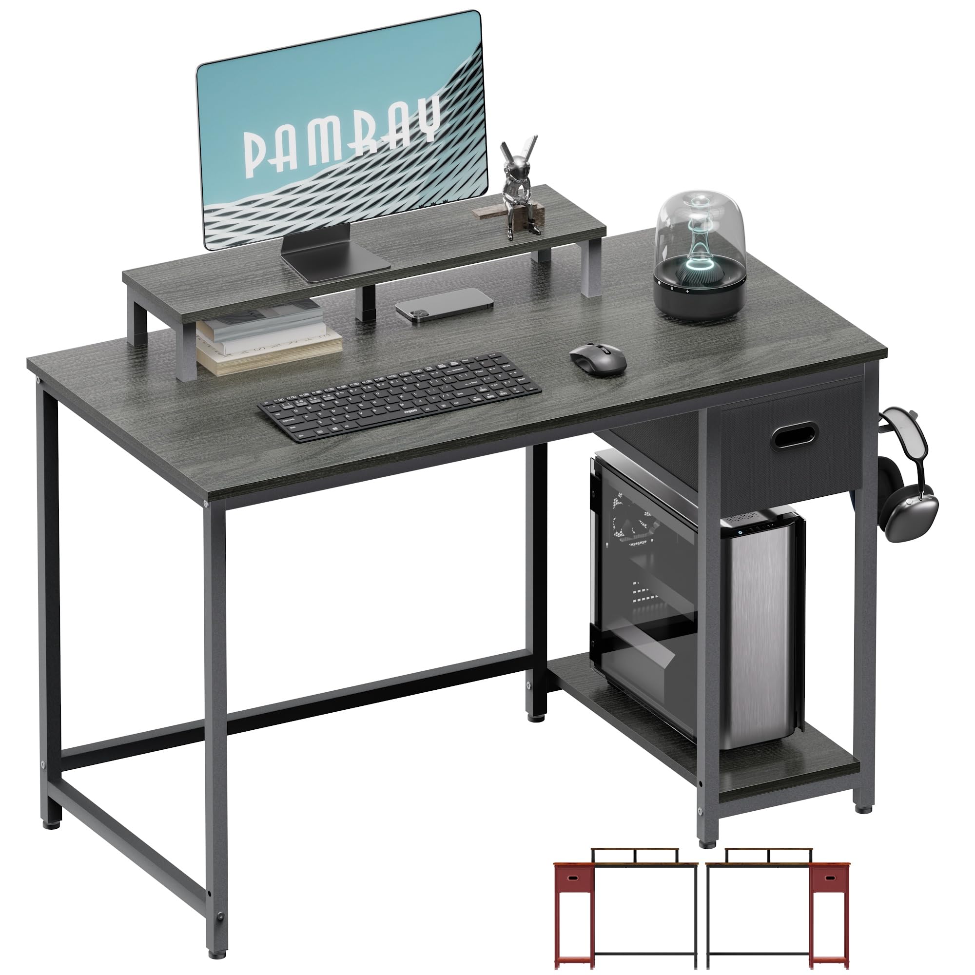 Photo 1 of Pamray 39 Inch Computer Desk with Monitor Stand Small Home Office Desks with Non-Woven Storage Drawer for Bedroom Study Table Writing and Work Desk Espresso Gray,Gray Leg