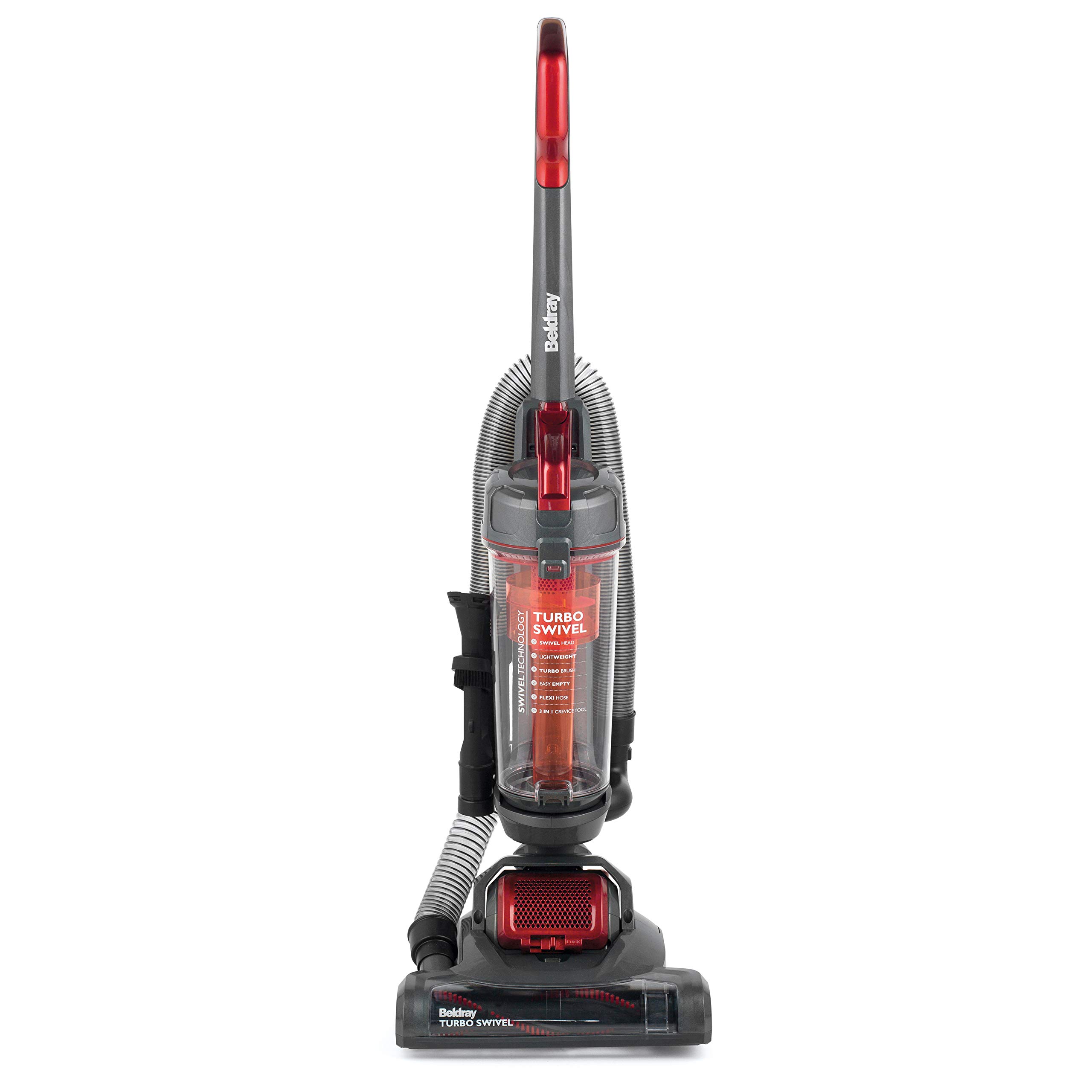 Beldray BEL0648 Turbo Swivel Upright Vacuum Cleaner with Ergonomic Multidirectional Head, 400 W, 2.5 L Easy-Empty Tank, 2 M Flexi Hose, HEPA Filter, 3-in-1 Crevice & Brush Tool Included, Red