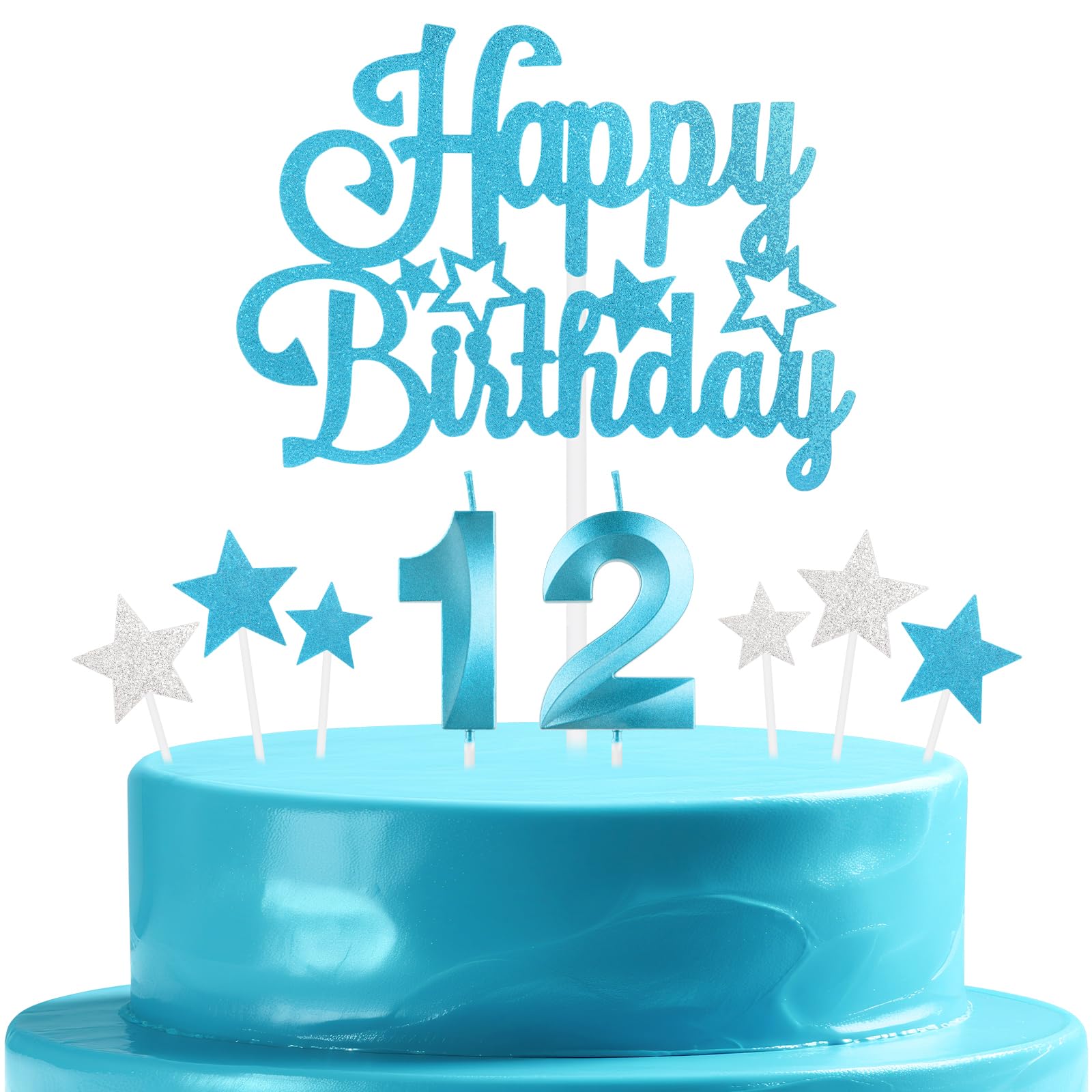 mciskin Blue Birthday Candles Set,Girl Boy 12th Birthday Decorations,Number 12 Candle for Cake,Blue Candles Cake Toppers with Star for Girls Boys Birthday Party Anniversary Decorations