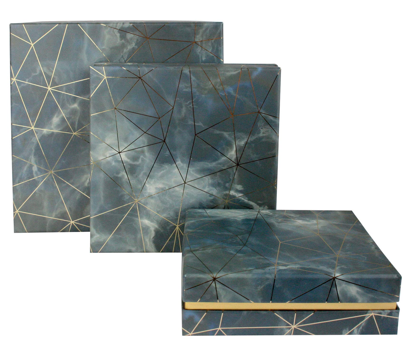 Emartbuy Set of 3 Rigid Square Luxury Presentation Gift Box, Blue/Grey Marble Effect with Gold Origami Lines and Pink Chequered Interior