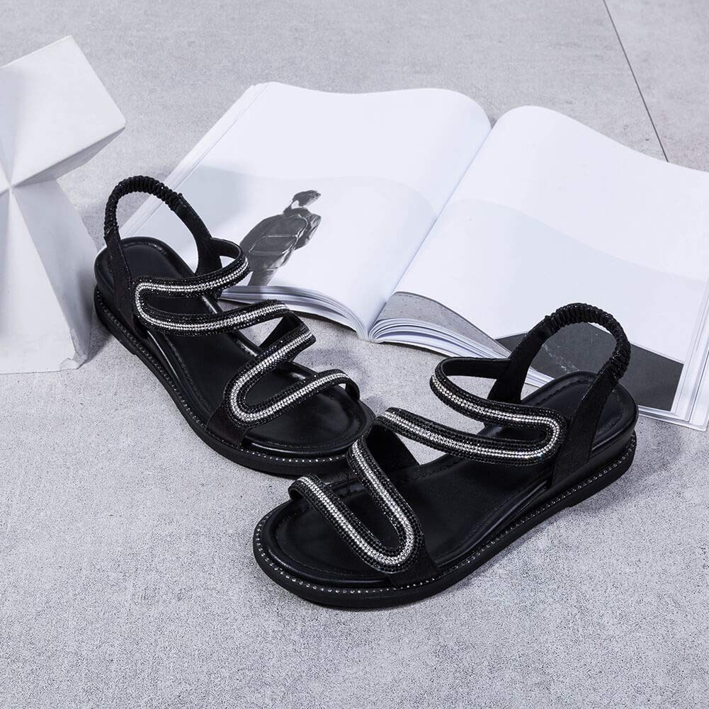 Yolanda Zula Women‘s Elastic Heel Rhinestones Flat Sandals Black Wedge Summer Shoes (7)