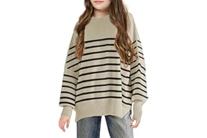 BATERMOON Girls Striped Oversized Sweaters Fashion Batwing Sleeve Side Slit Knit Pullover Clothes 5-14 Years