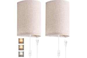 AVV Wall Sconces Set of Two, Wall Lamp Plug in with On/Off Switch, 2700K 4000K 5000K Selectable, Wall Lights for Bedroom, Living Room, Wall Decor for Bedroom, Fabric Linen Lamp Shades