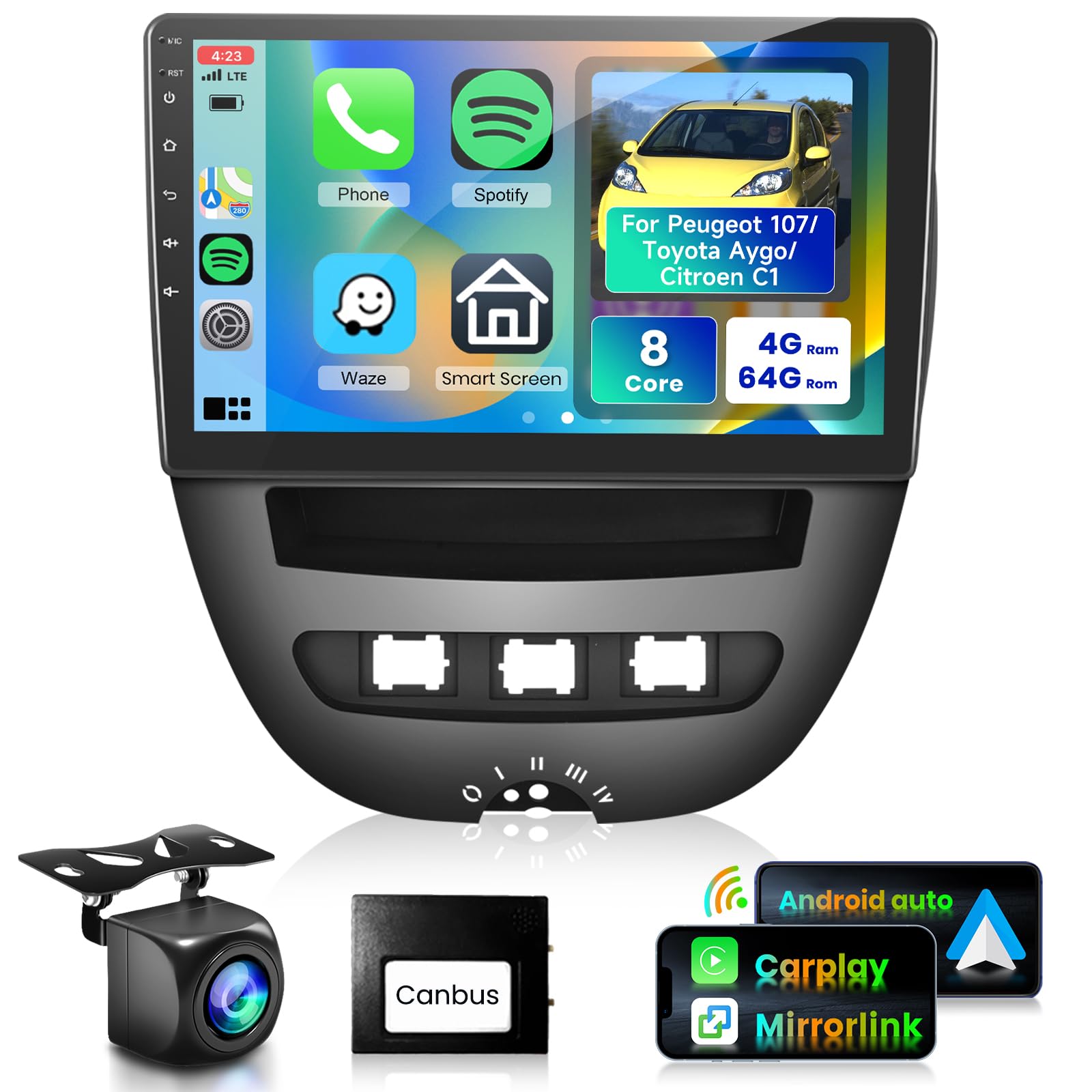 8 Core 4G+64G Android Car Stereo for Peugeot 107/Toyota Aygo/Citroen C1 2005-2014 with Carplay, Android Auto,Podofo 10" 1280P IPS Touch Screen Radio, GPS, Wifi, FM/RDS, BT 5.0, DSP, 63 UIs, Camera