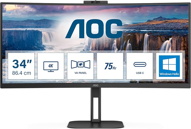 AOC CU34V5CW 34" Curved QHD 100Hz VA Monitor USB-C Docking 65W Webcam