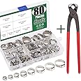 Keadic 80Pcs Single Ear Hose Clamps,1/4"-15/16" Stepless Ear Clamps with Ear Clamp Pincer 304 Stainless Steel Ear Clamps Cinch Clamp Rings Crimp Hose Clamps Stepless Cinch Rings Crimp Assortment Kit