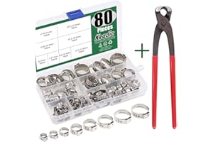 Keadic 80Pcs Single Ear Hose Clamps,1/4"-15/16" Stepless Ear Clamps with Ear Clamp Pincer 304 Stainless Steel Ear Clamps Cinch Clamp Rings Crimp Hose Clamps Stepless Cinch Rings Crimp Assortment Kit
