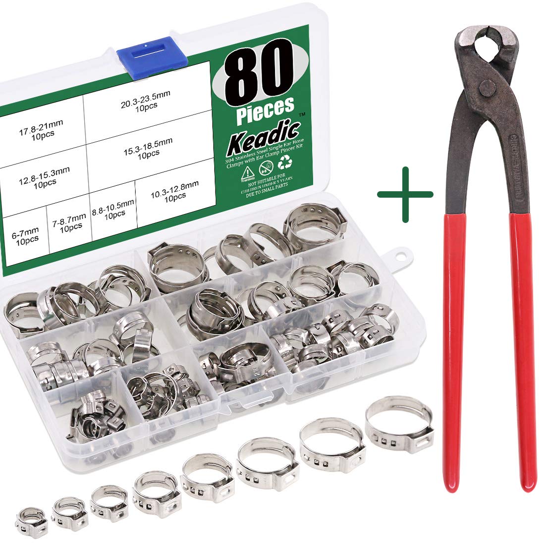 Keadic 80Pcs 6-23.5mm 304 Stainless Steel Single Ear Hose Clamps Pex Pinch Clamp Assortment Kit with Ear Clamp Pincer for Securing Pipe Hoses and Automotive Use