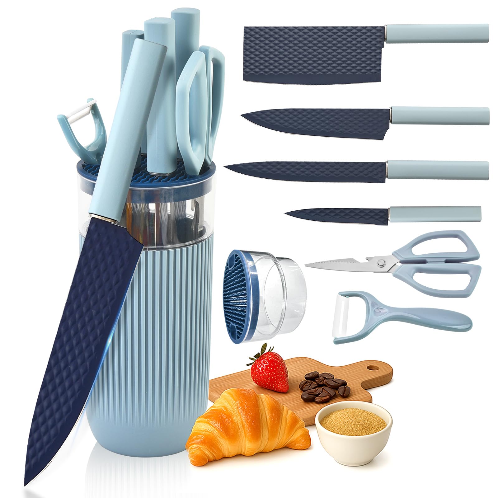 Photo 1 of TOPLUCKY Knife Set, 7-Piece Kitchen Knife Set with Sharp Chef and Meat Knives, Anti-Rust Utility Knives Set for Kitchen, Kitchen Knife Block Set?Blue?
