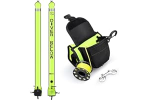 OWEKFIFV Surface Marker Buoy Scuba with Reel, 6ft/180cm High Visibility Diving Open Bottom Signal Tube Safety Sausage with Pouch Bag, 100ft ABS Dive Reel and Steel Double-Ended Bolt Snap (Yellow)
