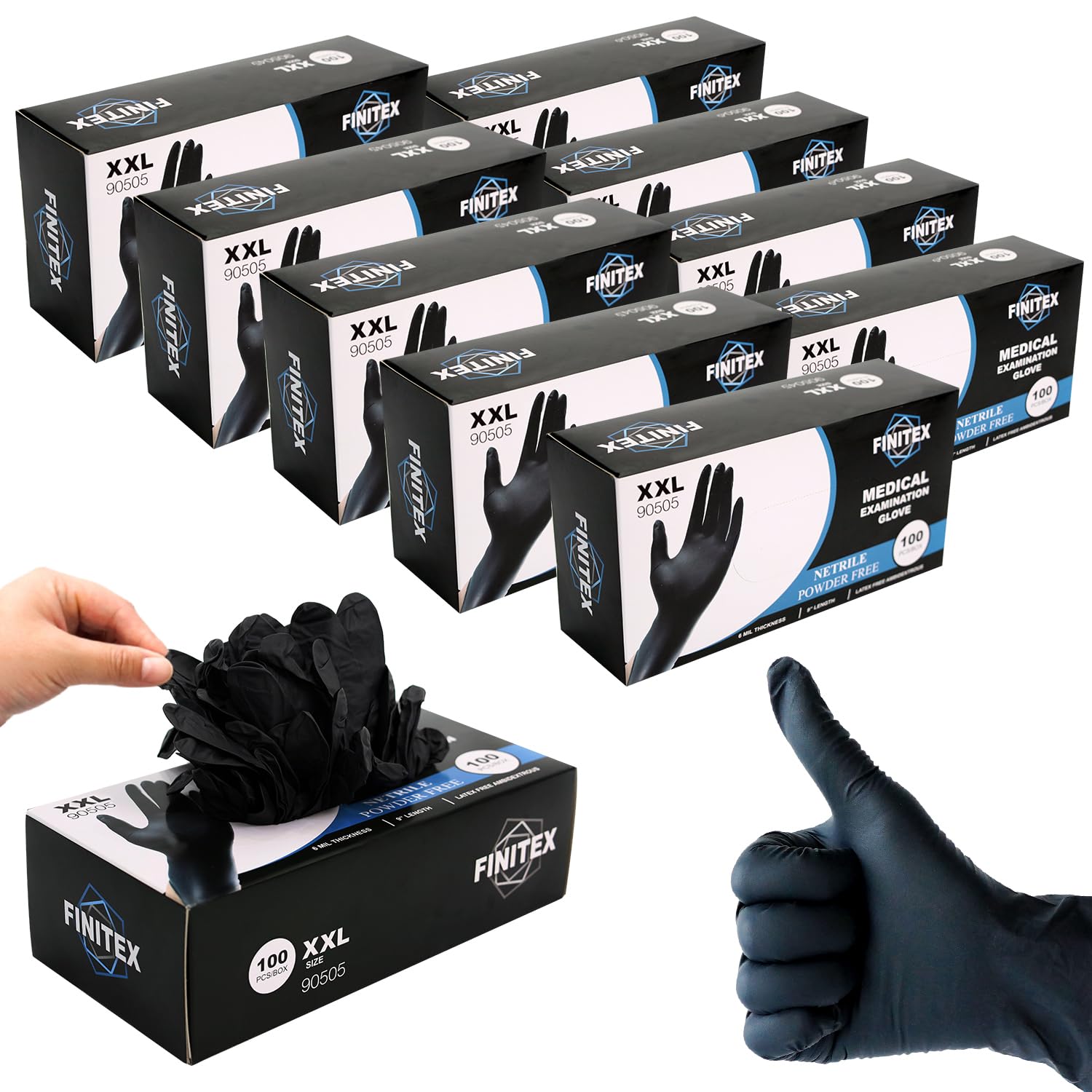 FINITEX Black Nitrile Disposable Medical Exam Gloves - Case of 1000 PCS 6mil Glove Powder-Free Latex-Free Gloves (XX-Large) Image