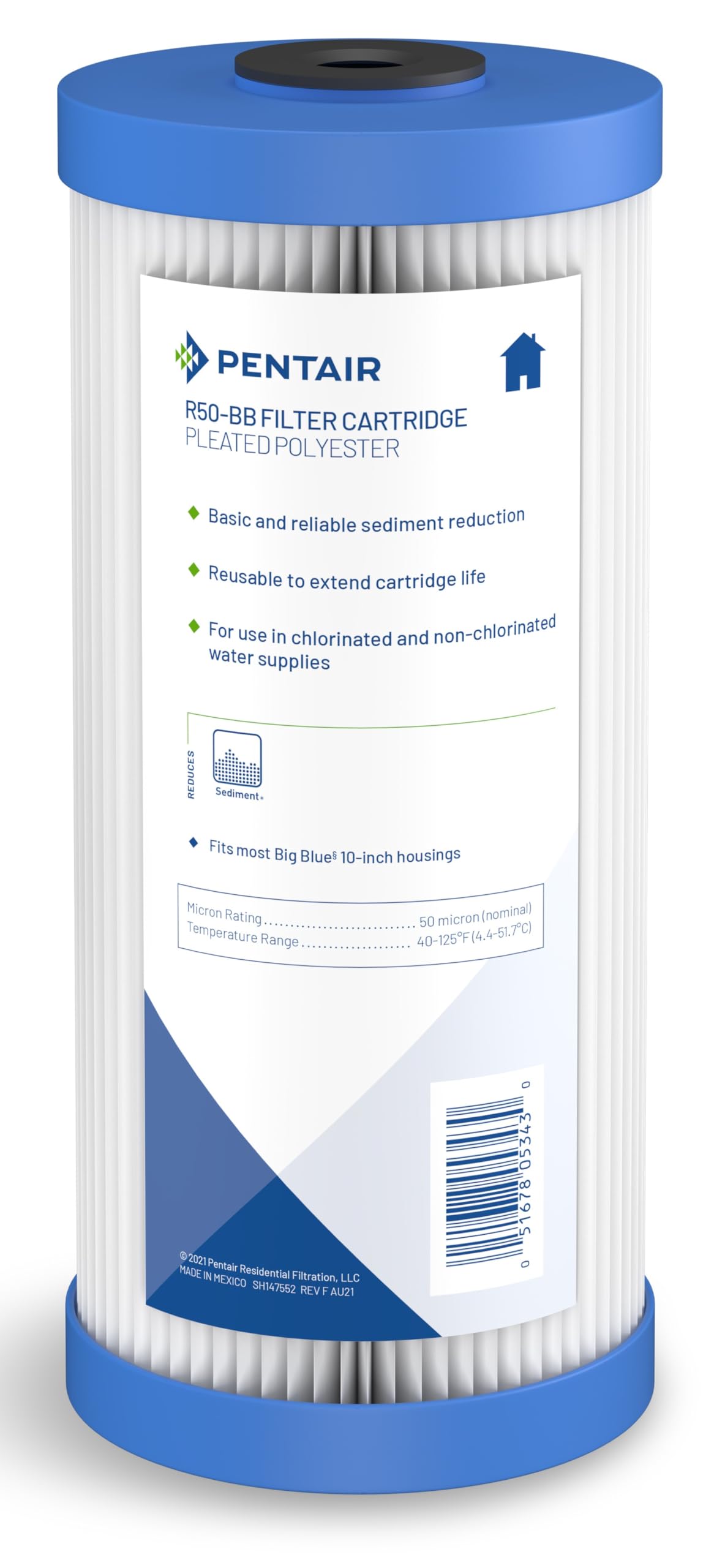 Pentair Pentek R50-BB Big Blue Sediment Water Filter, 10-Inch, Whole House Pleated Polyester Filter Cartridge, 10