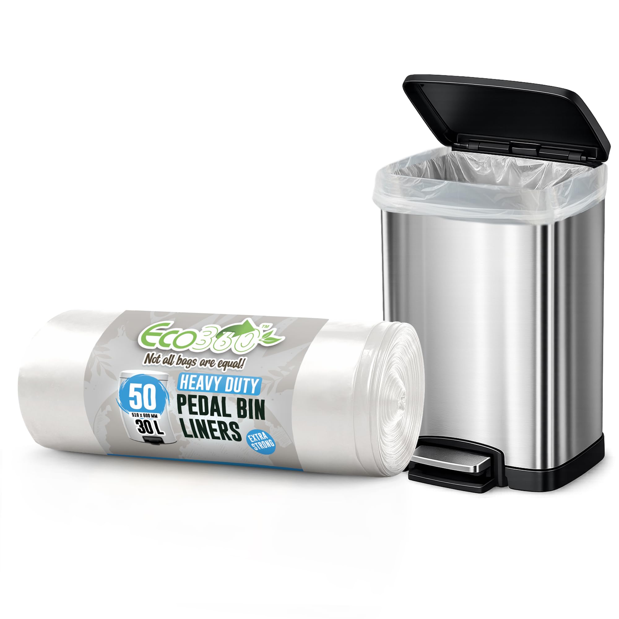 EcoBag - 50 Pack Heavy Duty White Bin Liners - 30L - 15 Microns - Extra Strong, Leak-Proof, Tear-Resistant Bags for Swing Bins, Kitchen, Home & Office