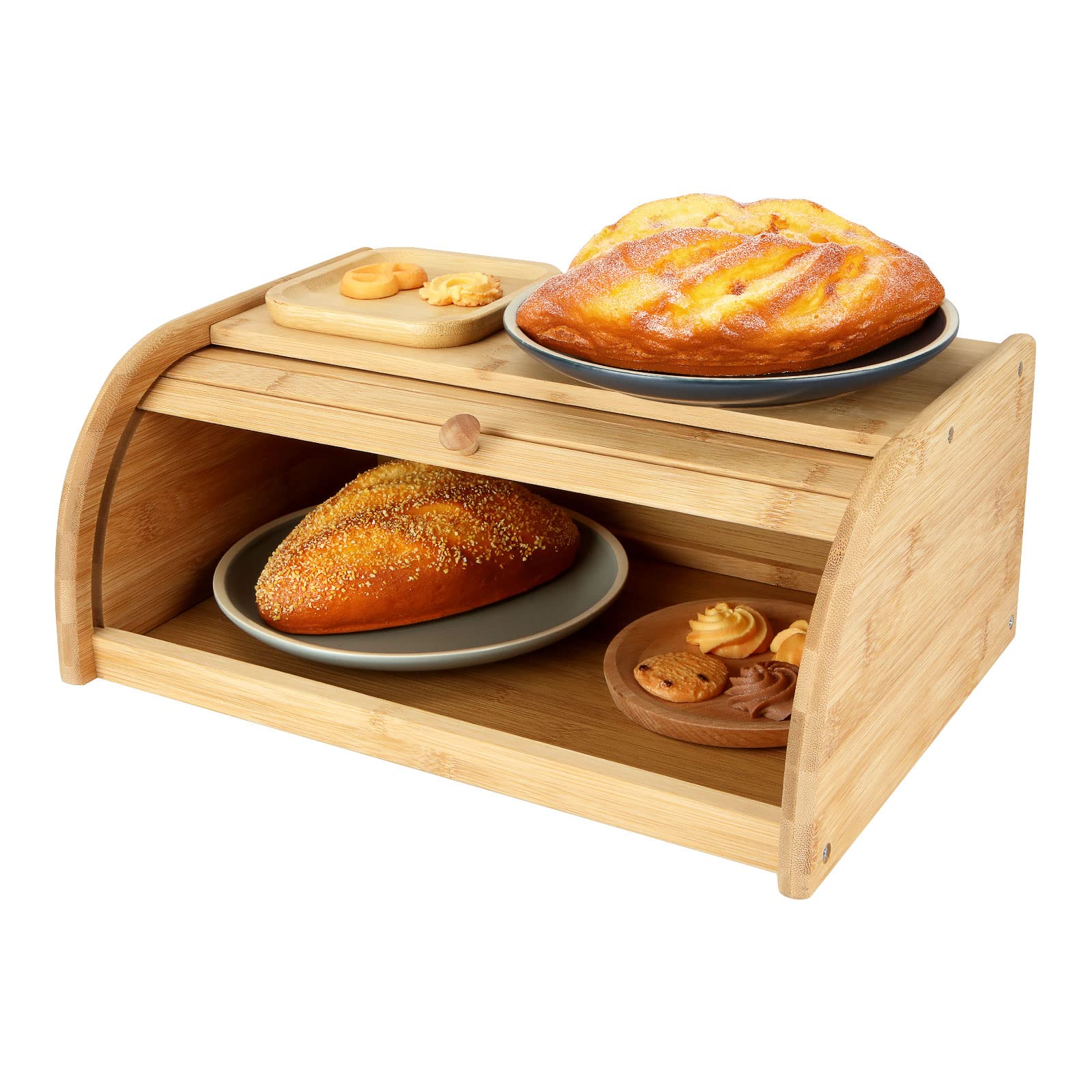 MIVIDE Wooden Bread Bin, Bamboo Bread Bin for Kitchen, 40x27x16.5CM Wooden Roll Top Breads Bins, Countertop Breads Storage Box
