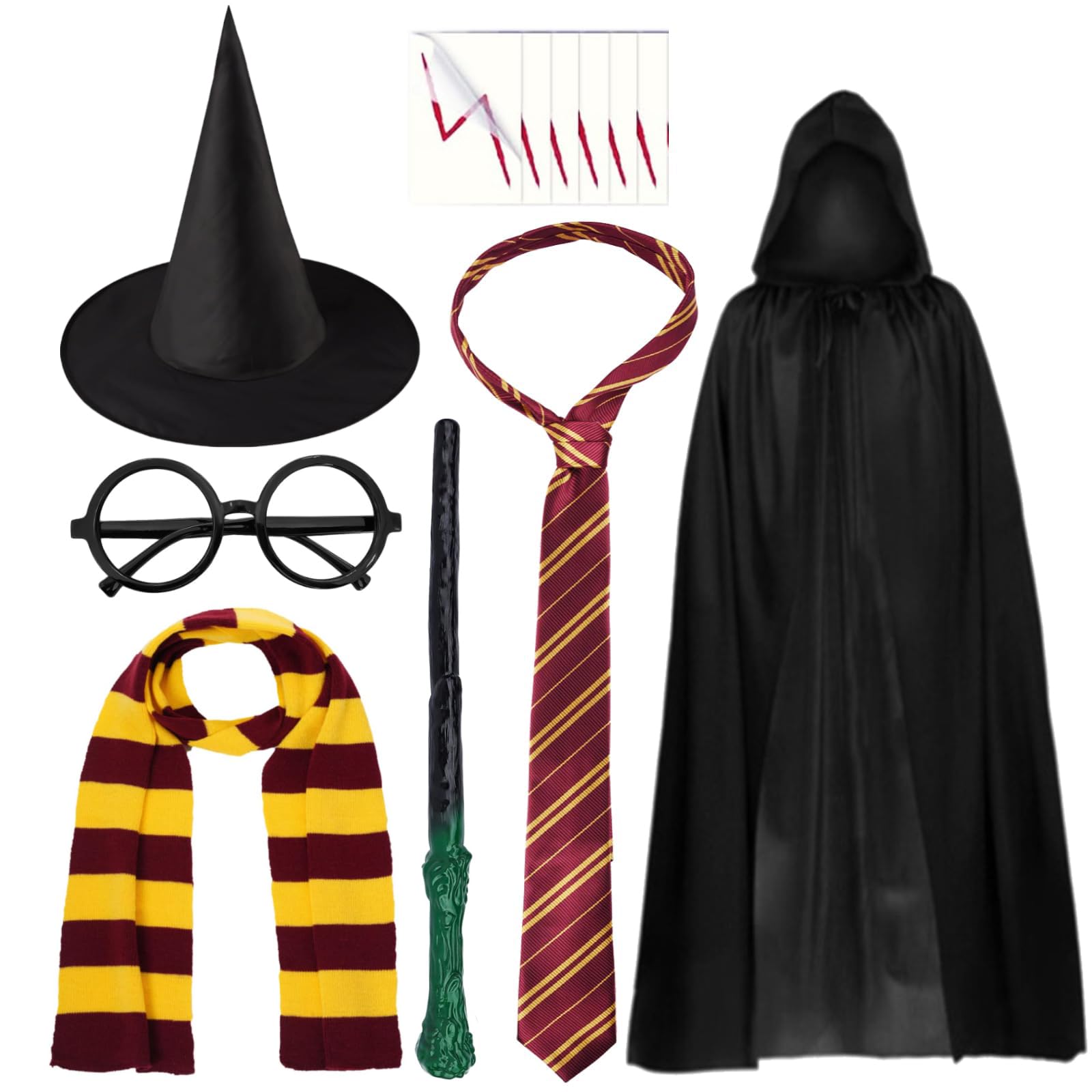 Kavoc Wizard World Cosplay Outfit Red Yellow Striped Scarf Bow Tie Witch Hat Black Glasses Cape for World Book Day Dress Up Supplies (S)