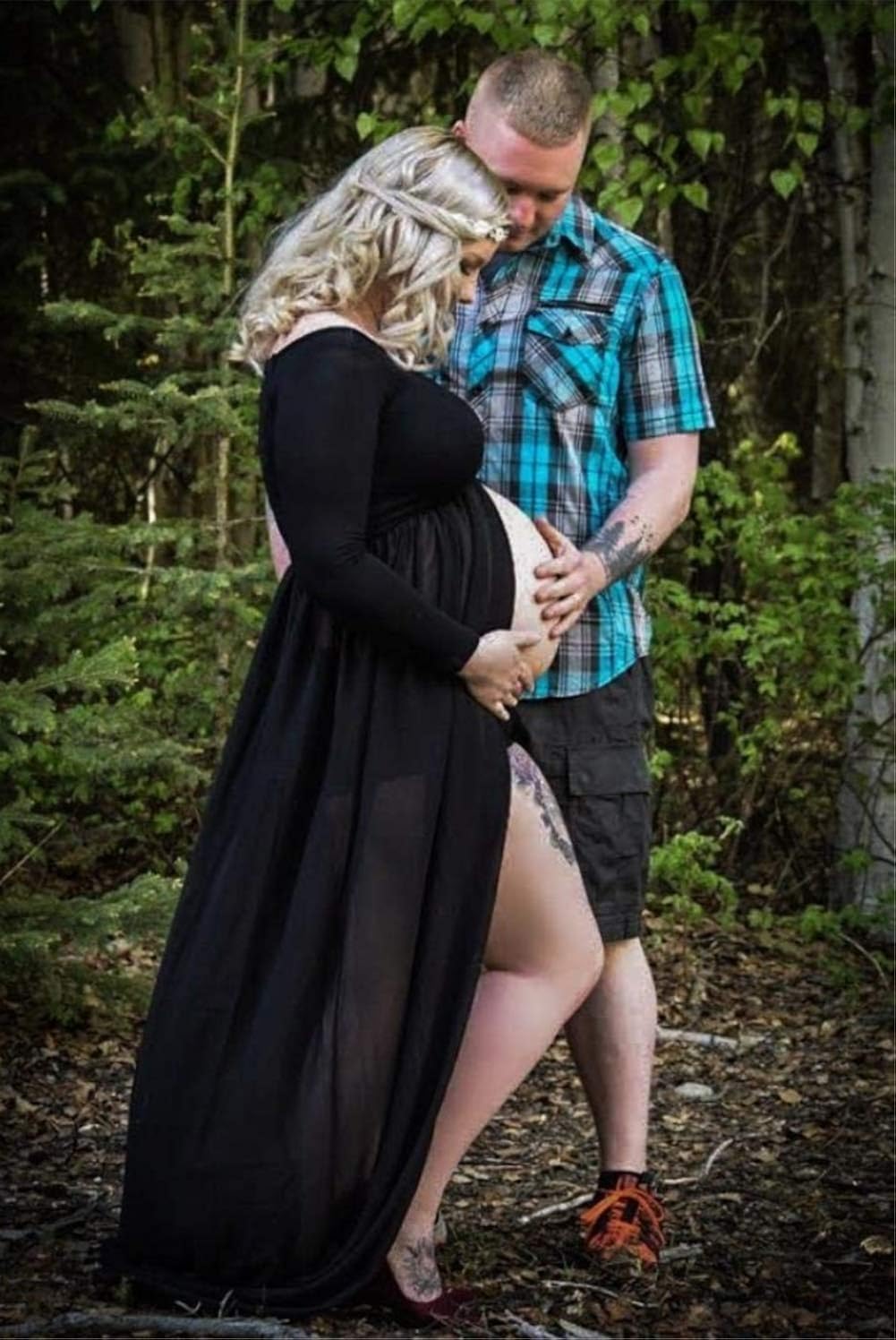 ZIUMUDY Maternity Maxi Chiffon Photography Dress Split Front Gown for Photoshoot (Black) at  Women’s Clothing store