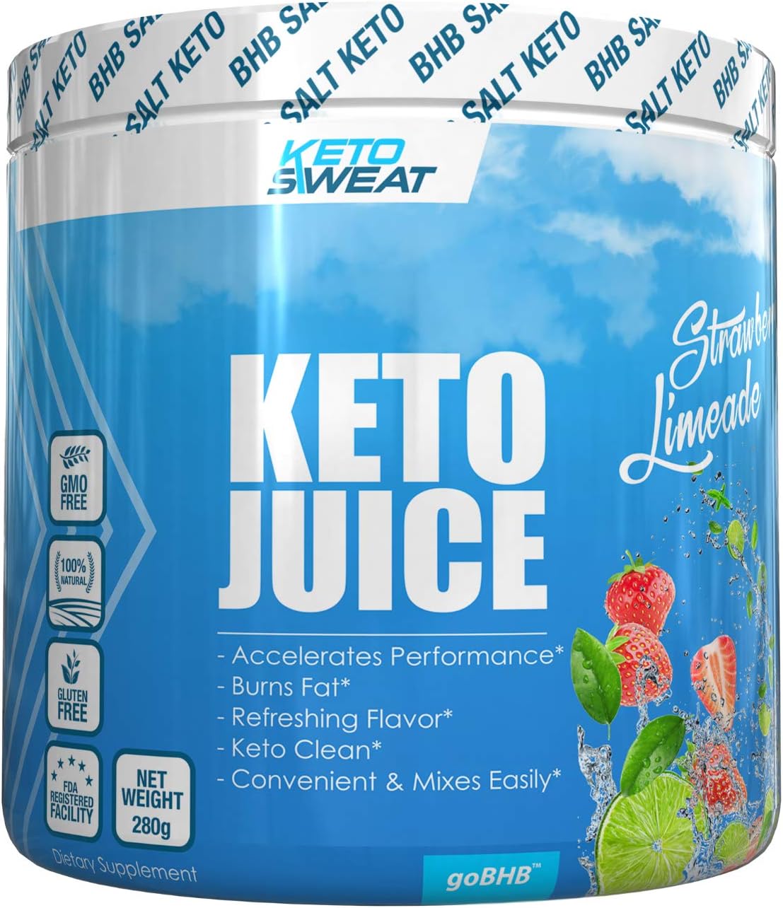 Keto Juice BHB Salts - Exogenous Ketone Performance Complex - Formulated for Ketosis, Energy, Focus and Fat Burn - Patented Beta-Hydroxybutyrates (Calcium, Sodium, Magnesium) - 11g- Strawberry Limeade