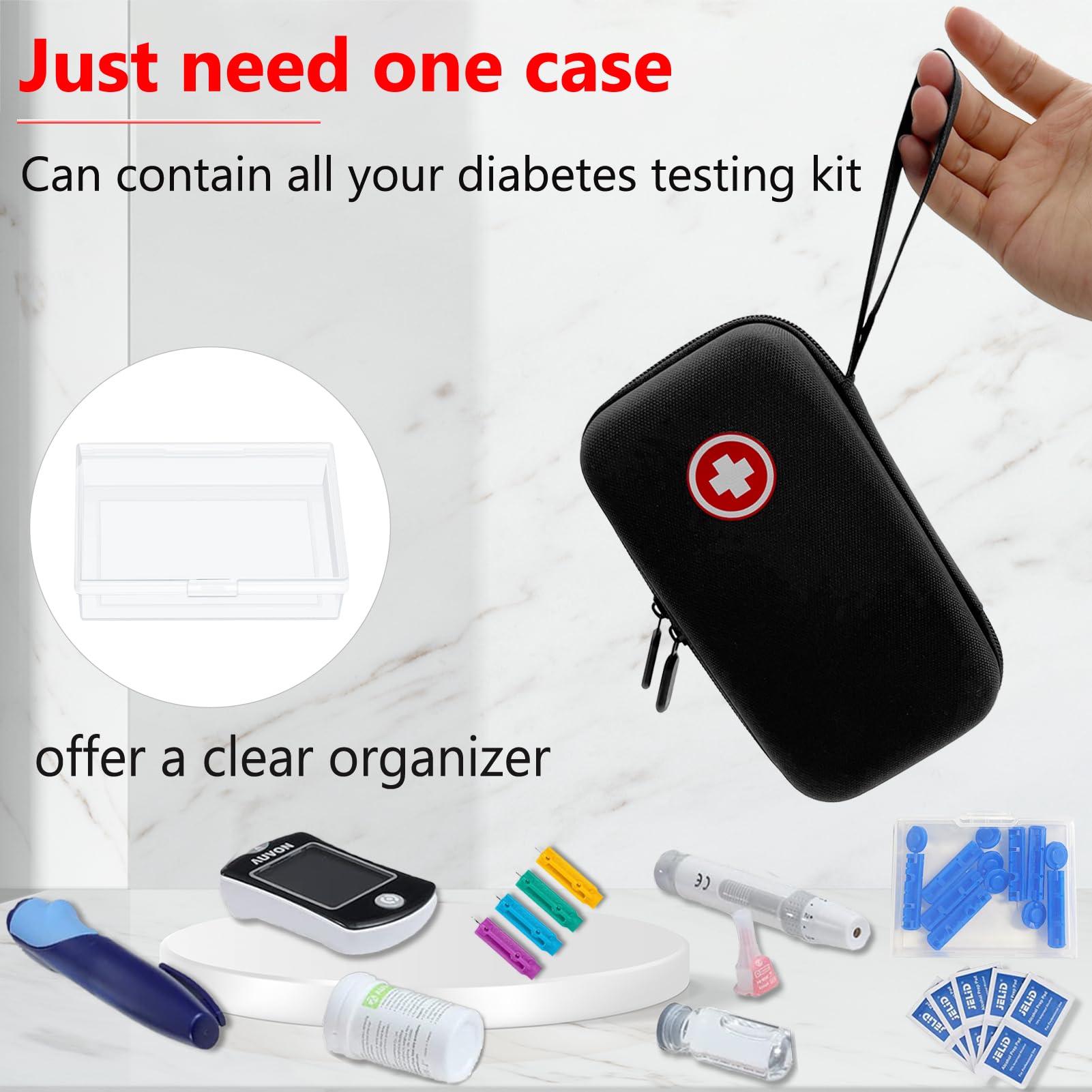 Diabetic Supplies Travel Case, Carrying Case Organizer For Diabetes Testing Kit, Blood Glucose Monitor Kit with Meter, Blood Sugar Test Strips, Lancets, Lancing Device, Alcohol Wipe (Case Only)