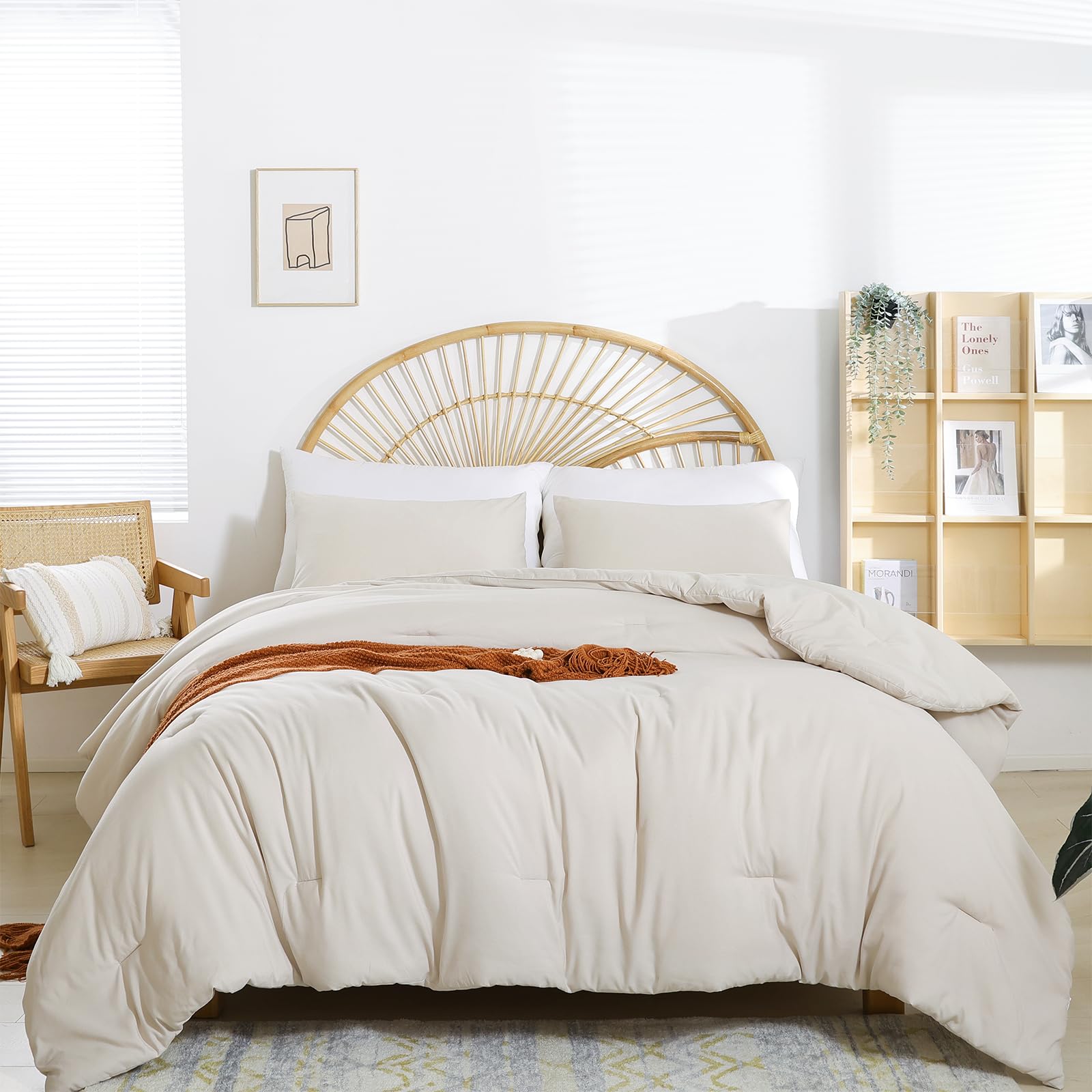 weigelia Beige Comforter Set King Size - 3 Pieces Lightweight Solid Bedding Comforter Set - All Season Fluffy Microfiber Bed Set (1 Comforter, 2 Pillowcases)