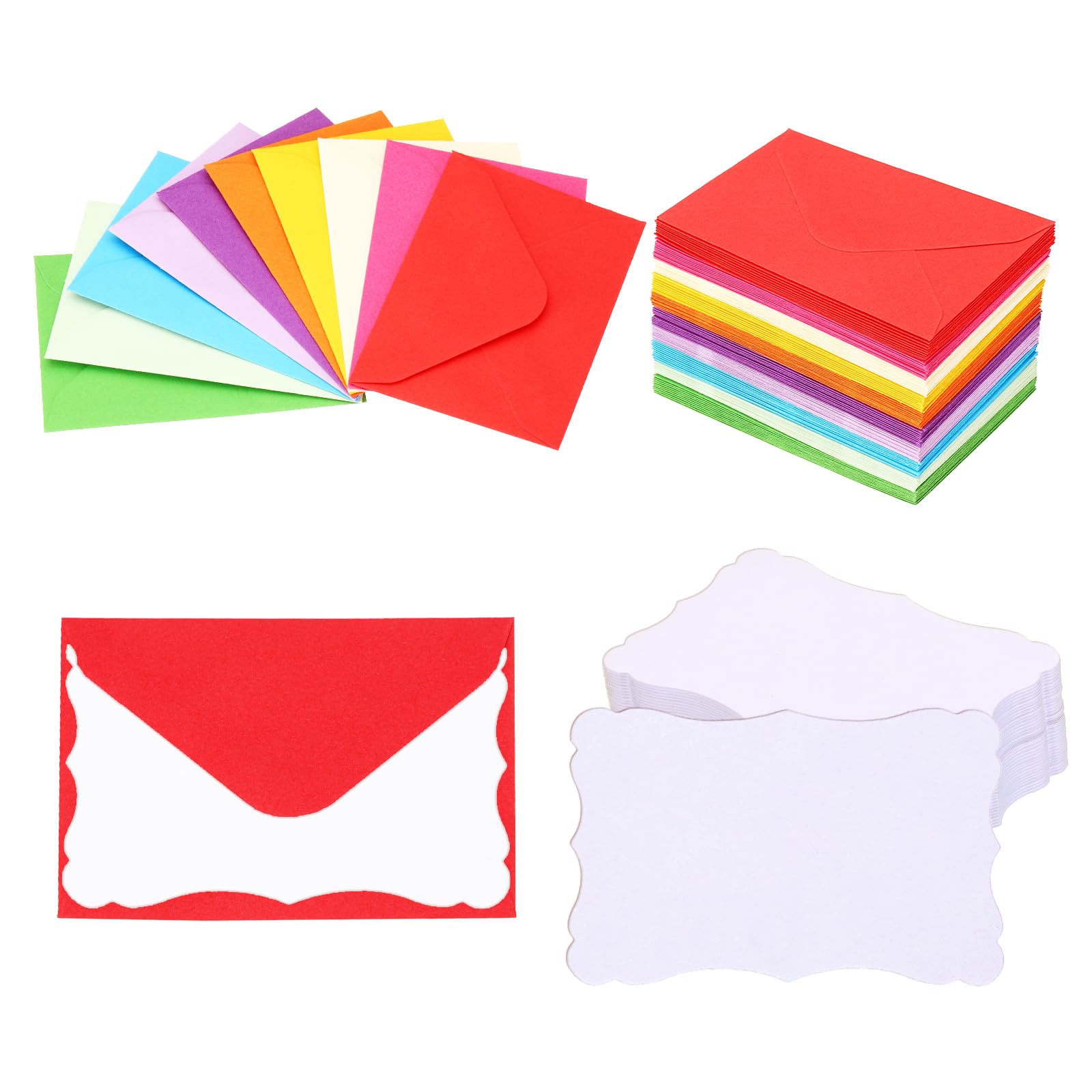PATIKIL 3.7"x2.4" Colorful Mini Envelopes with White Blank Paper Business Cards, 100 Pack Small Index Flash Cards Words Message Note Card Mini Paper Tags Lace