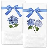 JarThenaAMCS 2Pcs Blue Hydrangea Hand Towels Farmhouse Purple Flower 14 x 29 Inch Embroidered Cute Spring Summer Cotton Soft Absorbent Towels with Ribbons for Kitchen Bathroom Decor