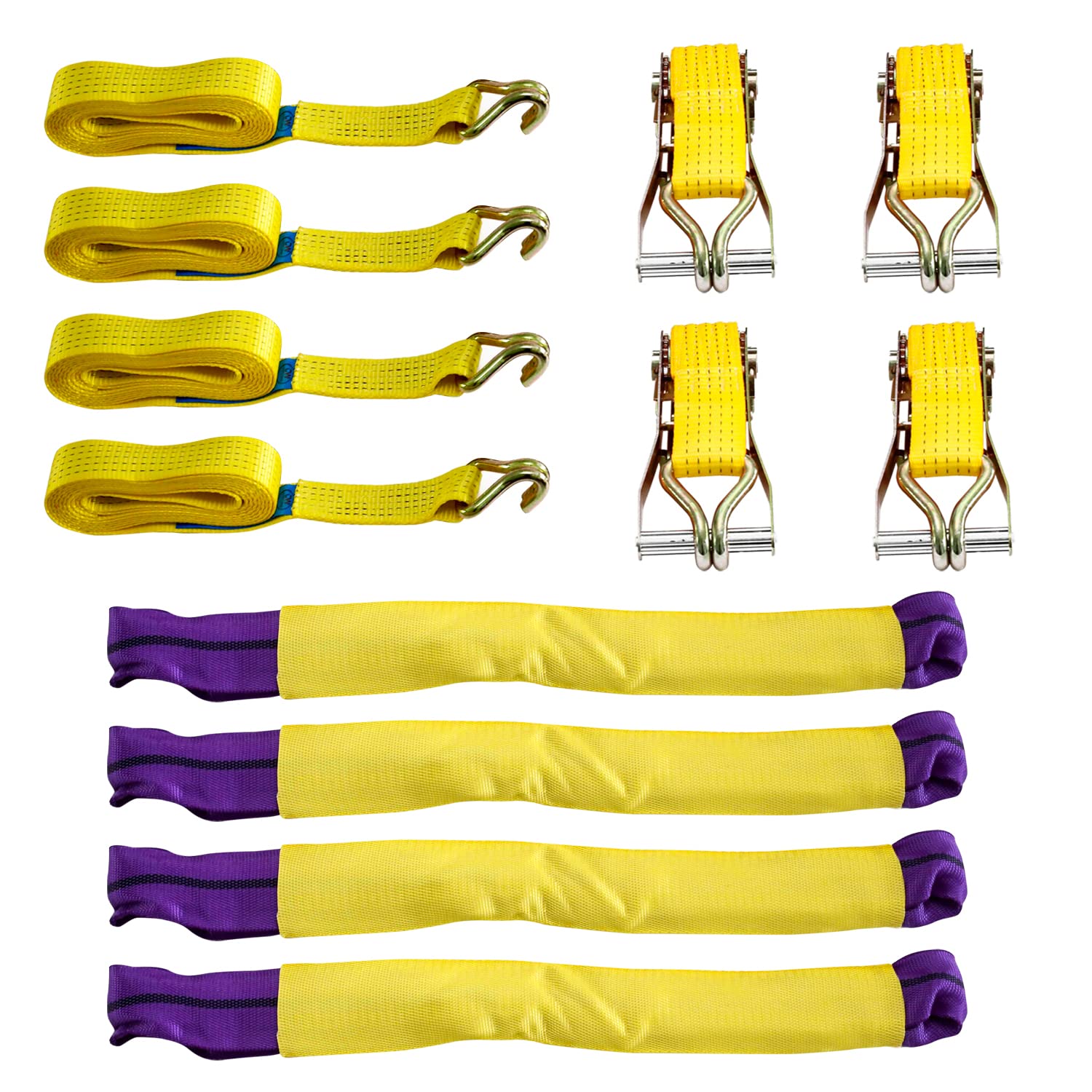 Diversity Wrap Recovery Ratchet Straps set x4 (4.2m x 50mm) 5000kg | 5T Break Strength Professional Heavy Duty Ratchet Tie Down Straps with Hooks and Metal Ends | Soft Polyester Webbing Wheel Yellow