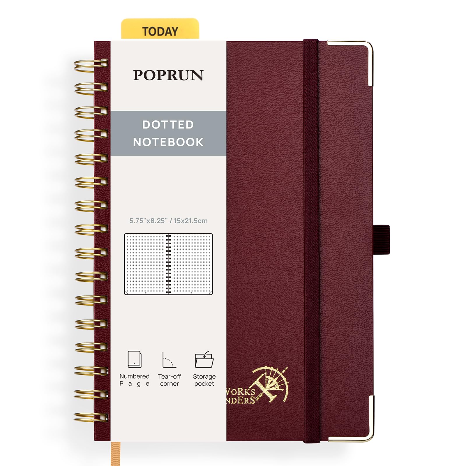 POPRUN Spiral Bullet Dotted Journal Notebook, [A5 Size] - 120 Gsm Thick Paper, 141 Numbered Pages, Wirebound Notepad for Men & Women with Pocket, Index Tabs, 8 Perforated Sheets, Burgundy