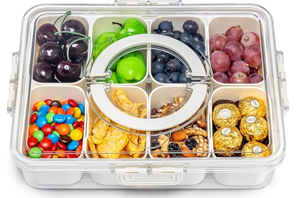 Pure Future Snackle Box Container with Handle - 8 Compartment Divided Serving Tray with Lid - Crystal Clear Charcuterie Box f