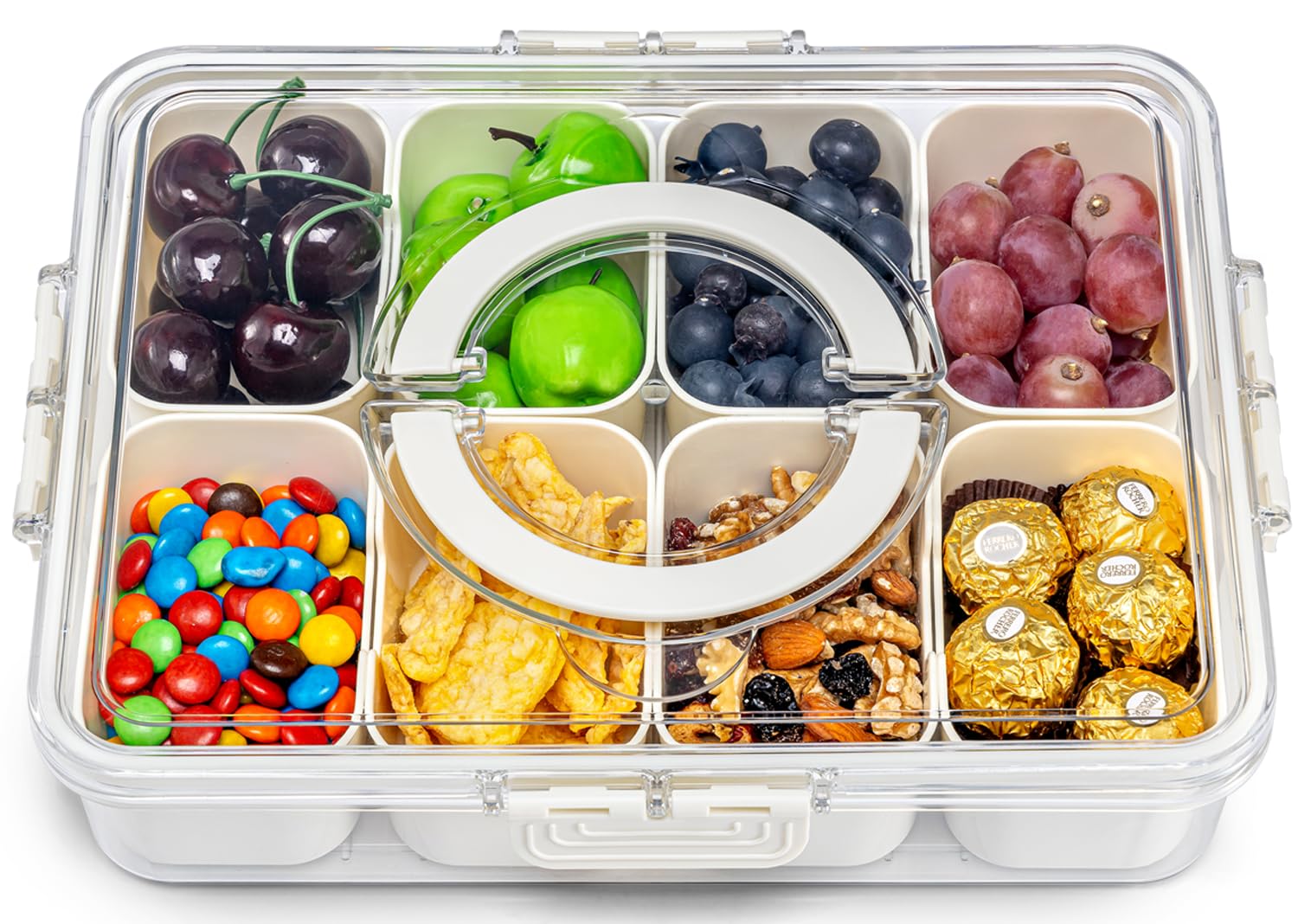 Photo 1 of *MINOR DAMAGE - USED*
Pure Future Air-Tight Snackle Box Container –Divided Serving Tray with Lid & Handle–Clear Snack box for Fruits, Candy & Nuts–Portable for Travel & Daily Use (8 Inside Containers Dishwasher Safe)