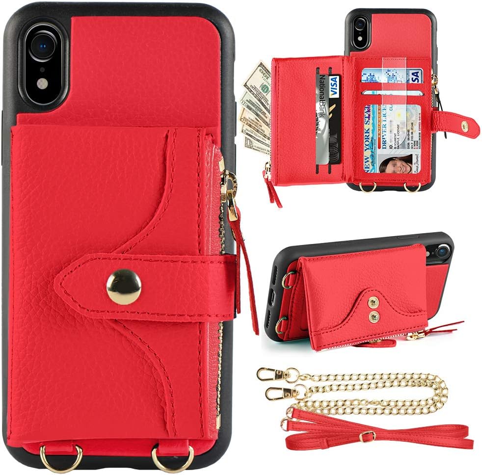 LAMEEKU Wallet Case Compatible with iPhone XR, iPhone XR Wallet Case Zipper Case with Wrist Chain Crossbody Strap Card Holder Leather Case for iPhone XR-6.1 inches-Red