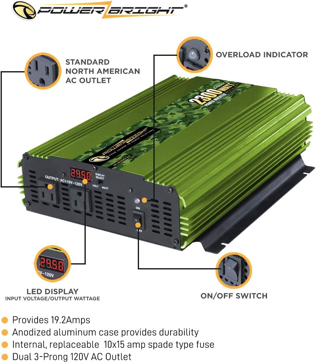 Power Bright 2300 Watt 24V Power Inverter, Dual 110V AC Outlets, Modified Sine Wave, Automotive Back Up Power Supply Perfect for an Emergency, Hurricane, Storm or Outage - CE Approved: Car Electronics