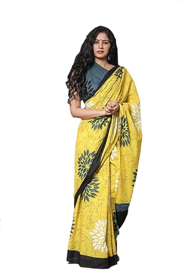 Women's Hand block printed cotton mulmul fabric saree with Blouse Piece Traditional Jaipuri Print (Multicolour )