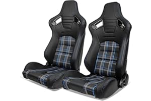 IKON MOTORSPORTS, Universal Racing Seats Pair with Dual Sliders, PU & Blue Plaid Fabric & Carbon Leather Reclinable Left Right