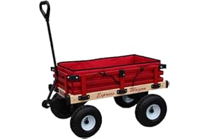 Millside Industries Wooden Express Wagon with 10 Inch Pneumatic Wheels, Red Floor Pad and Surrounding Pads